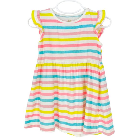 H&M KIDS Organic Cotton Multi-Stripe Flutter Sleeve Dress Size 1 1/2 -2Y - Picture 4 of 16